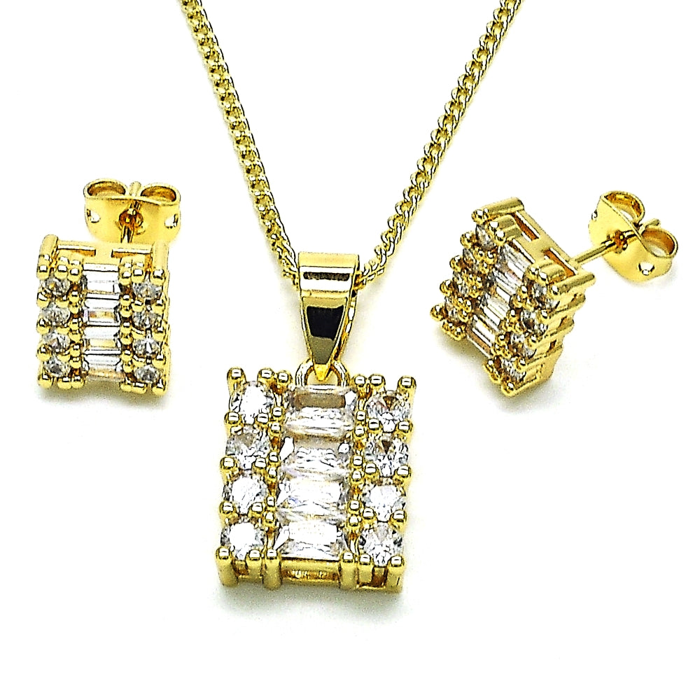 Oro Laminado Earring and Pendant Adult Set, Gold Filled Style Baguette and Cluster Design, Polished, Golden Finish