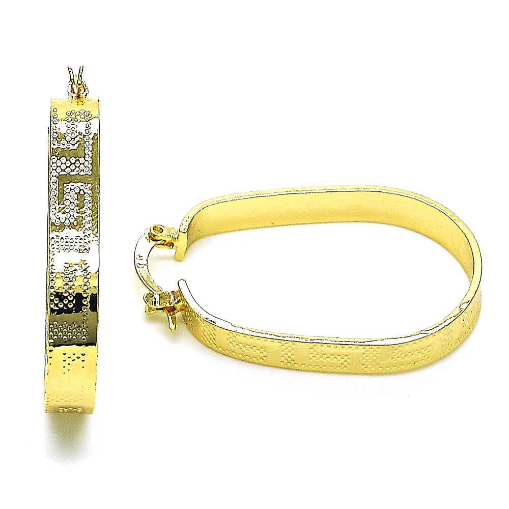 Oro Laminado Small Hoop, Gold Filled Style Greek Key Design, Diamond Cutting Finish, Golden Finish