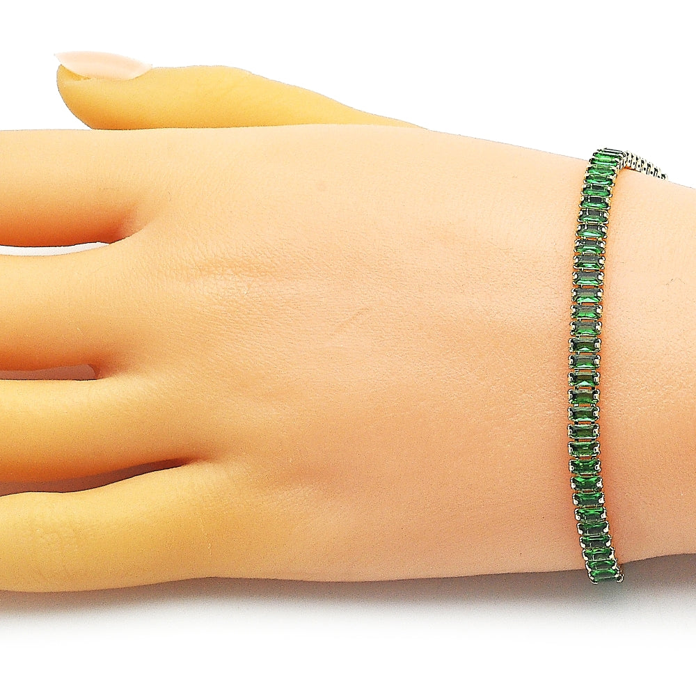 Oro Laminado Tennis Bracelet, Gold Filled Style Baguette Design, with Green Cubic Zirconia, Polished, Golden Finish
