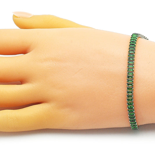 Oro Laminado Tennis Bracelet, Gold Filled Style Baguette Design, with Green Cubic Zirconia, Polished, Golden Finish