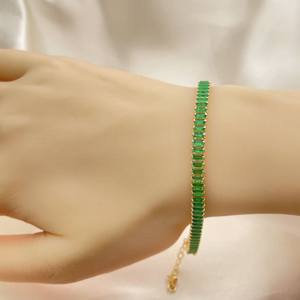 Oro Laminado Tennis Bracelet, Gold Filled Style Baguette Design, with Green Cubic Zirconia, Polished, Golden Finish