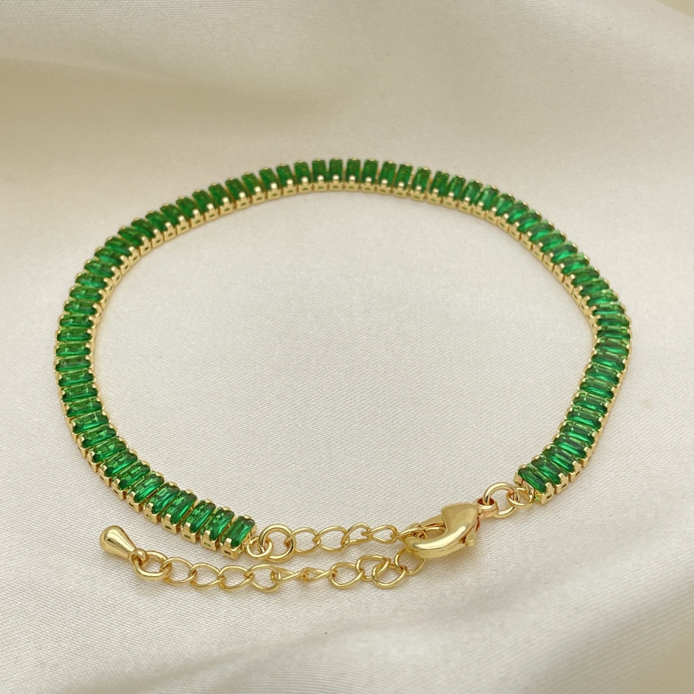 Oro Laminado Tennis Bracelet, Gold Filled Style Baguette Design, with Green Cubic Zirconia, Polished, Golden Finish