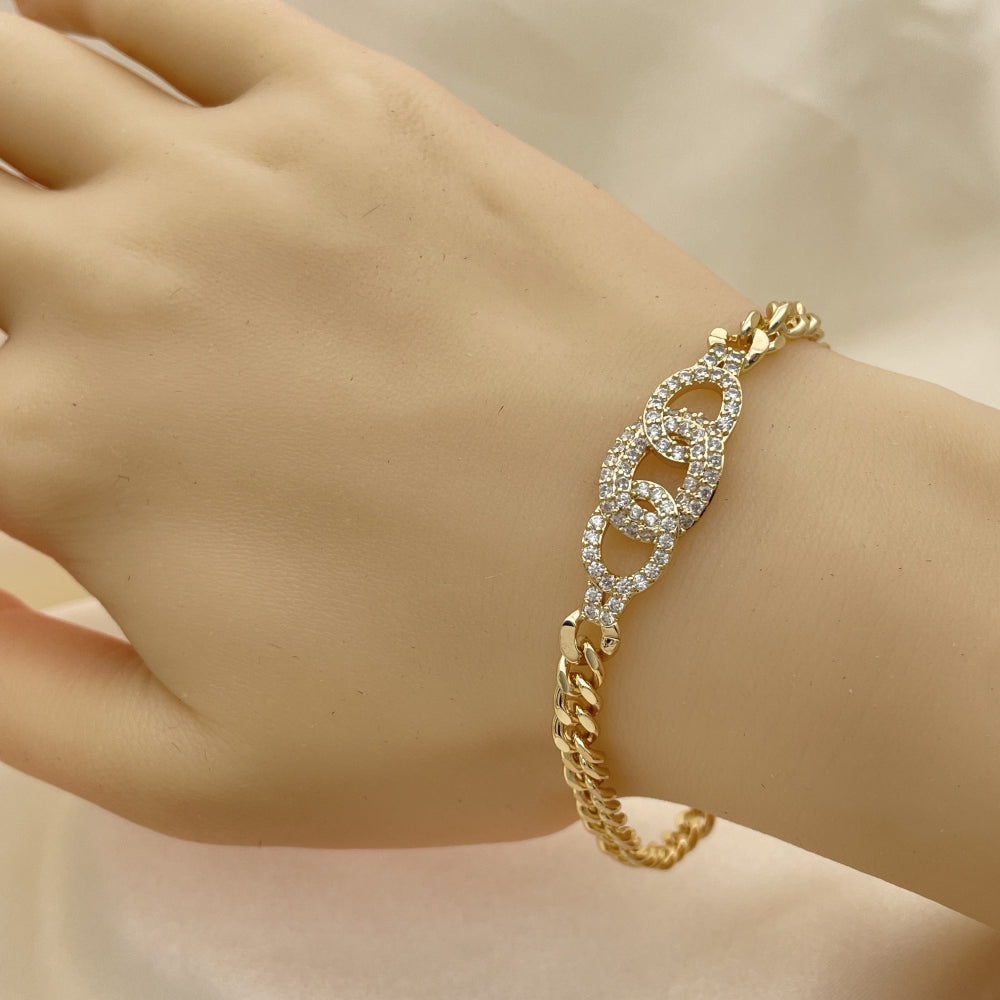 Oro Laminado Fancy Bracelet, Gold Filled Style Miami Cuban Design, with White Micro Pave, Polished, Golden Finish