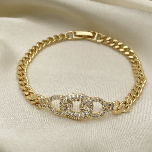 Oro Laminado Fancy Bracelet, Gold Filled Style Miami Cuban Design, with White Micro Pave, Polished, Golden Finish