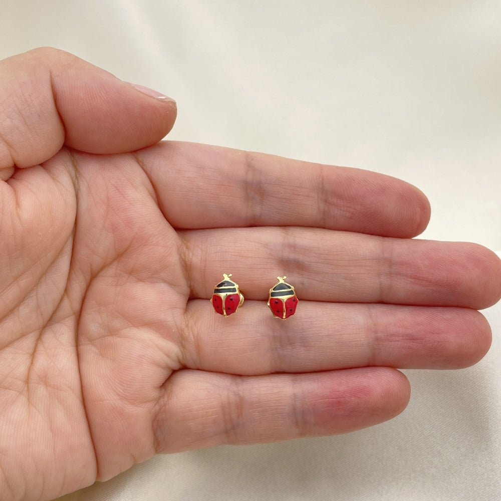 Oro Laminado Stud Earring, Gold Filled Style Ladybug Design, Red Enamel Finish, Golden Finish