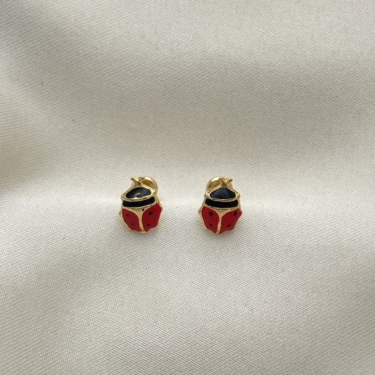 Oro Laminado Stud Earring, Gold Filled Style Ladybug Design, Red Enamel Finish, Golden Finish