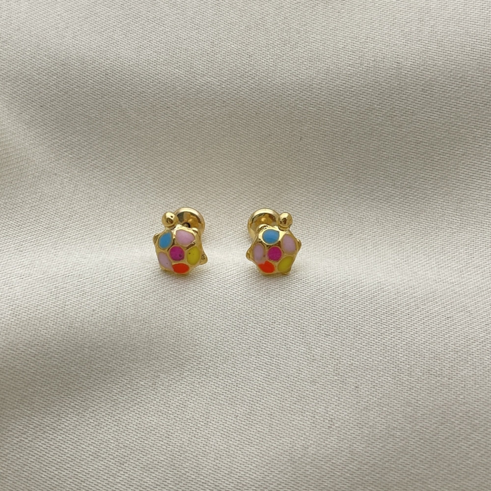 Oro Laminado Stud Earring, Gold Filled Style Turtle Design, Multicolor Enamel Finish, Golden Finish