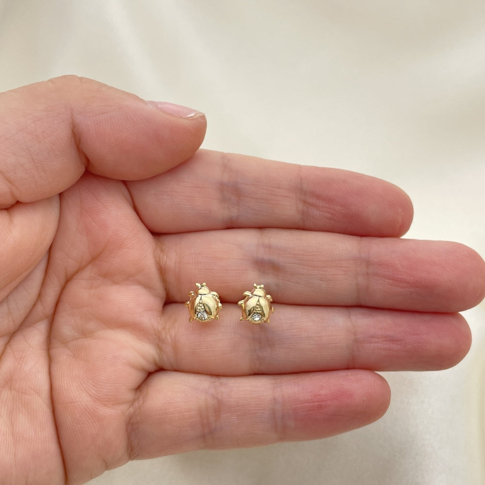 Oro Laminado Stud Earring, Gold Filled Style Ladybug Design, with White Crystal, Multicolor Polished, Golden Finish
