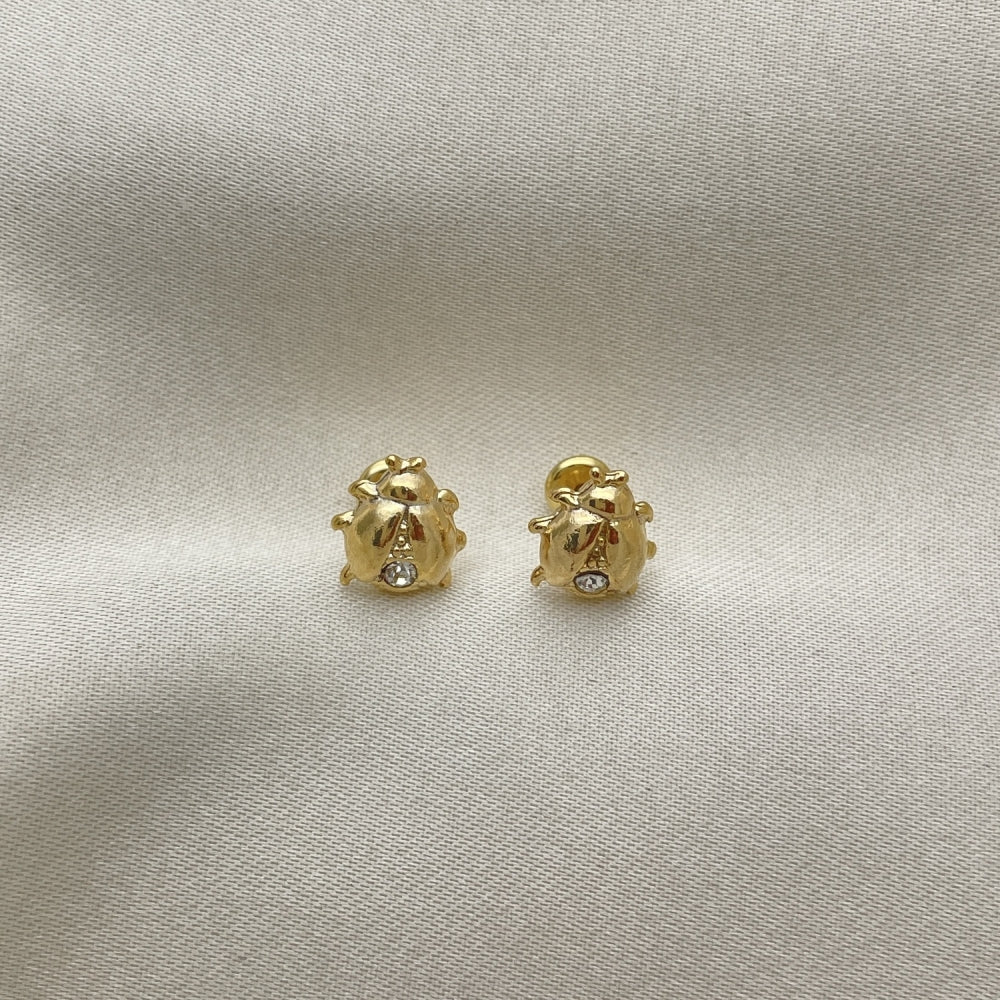 Oro Laminado Stud Earring, Gold Filled Style Ladybug Design, with White Crystal, Multicolor Polished, Golden Finish