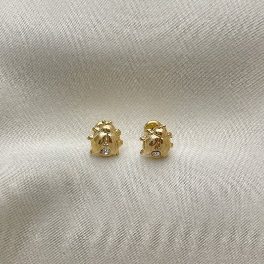 Oro Laminado Stud Earring, Gold Filled Style Ladybug Design, with White Crystal, Multicolor Polished, Golden Finish