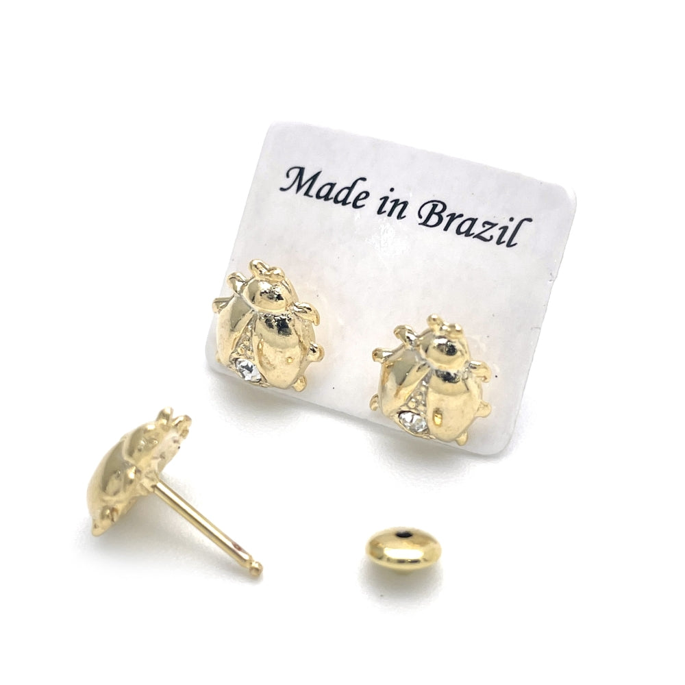 Oro Laminado Stud Earring, Gold Filled Style Ladybug Design, with White Crystal, Multicolor Polished, Golden Finish