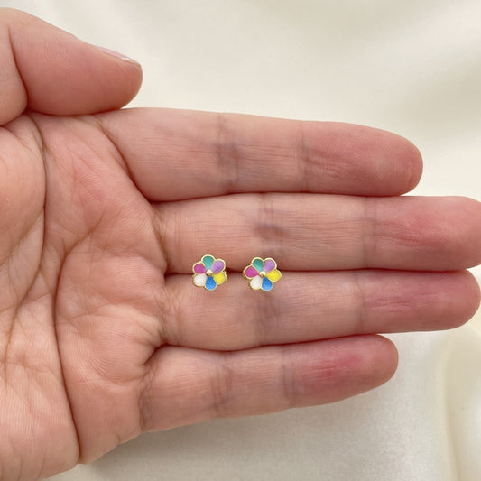 Oro Laminado Stud Earring, Gold Filled Style Flower Design, Multicolor Enamel Finish, Golden Finish