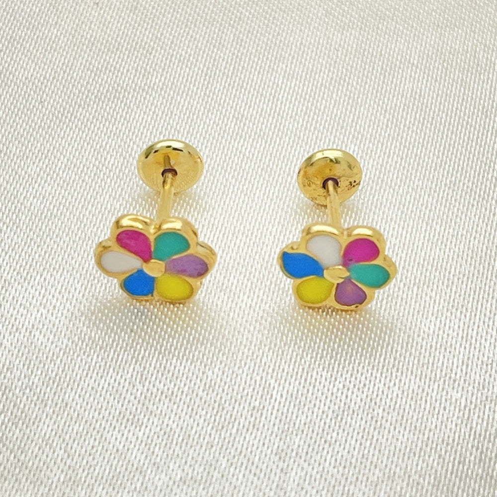 Oro Laminado Stud Earring, Gold Filled Style Flower Design, Multicolor Enamel Finish, Golden Finish