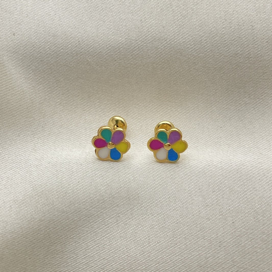 Oro Laminado Stud Earring, Gold Filled Style Flower Design, Multicolor Enamel Finish, Golden Finish