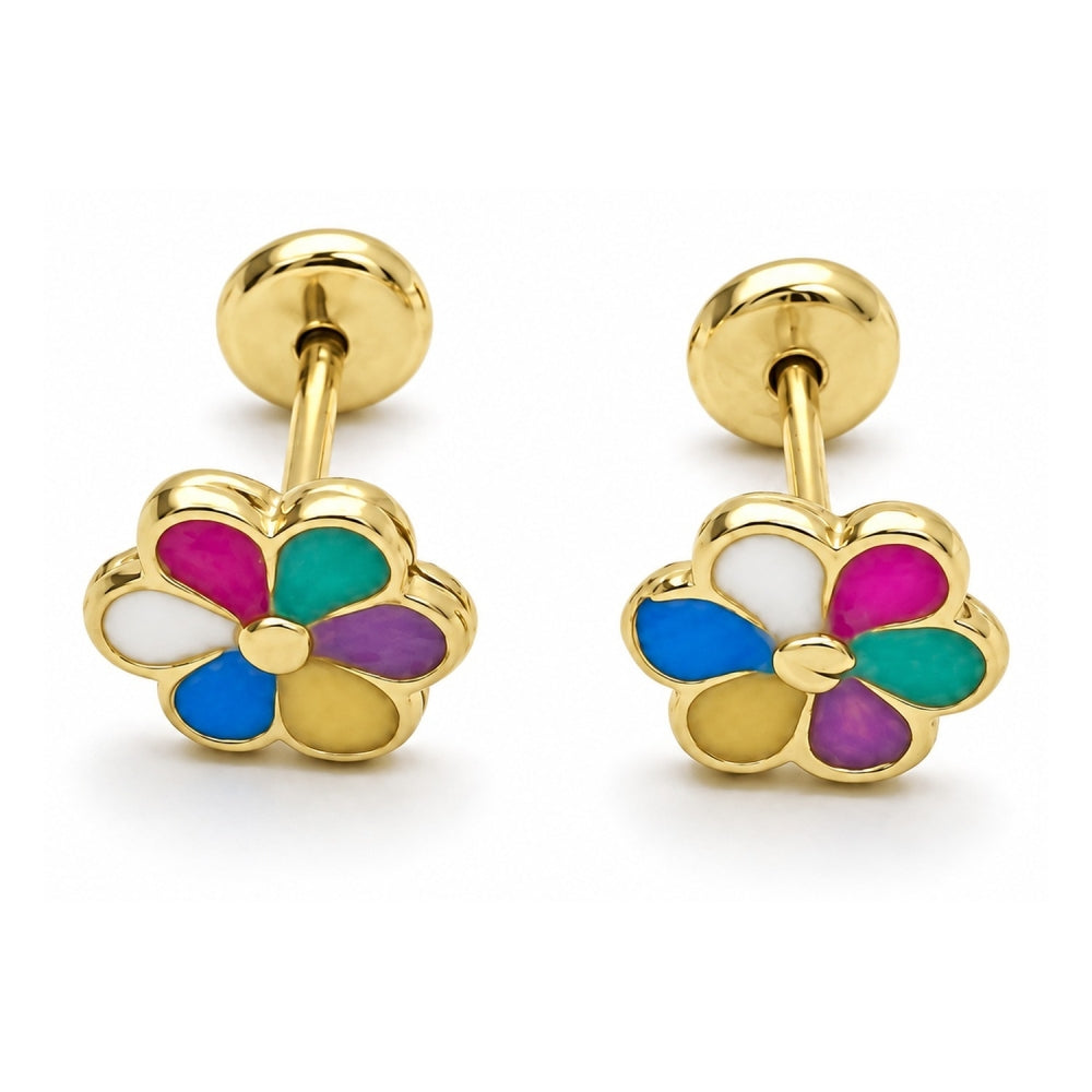 Oro Laminado Stud Earring, Gold Filled Style Flower Design, Multicolor Enamel Finish, Golden Finish