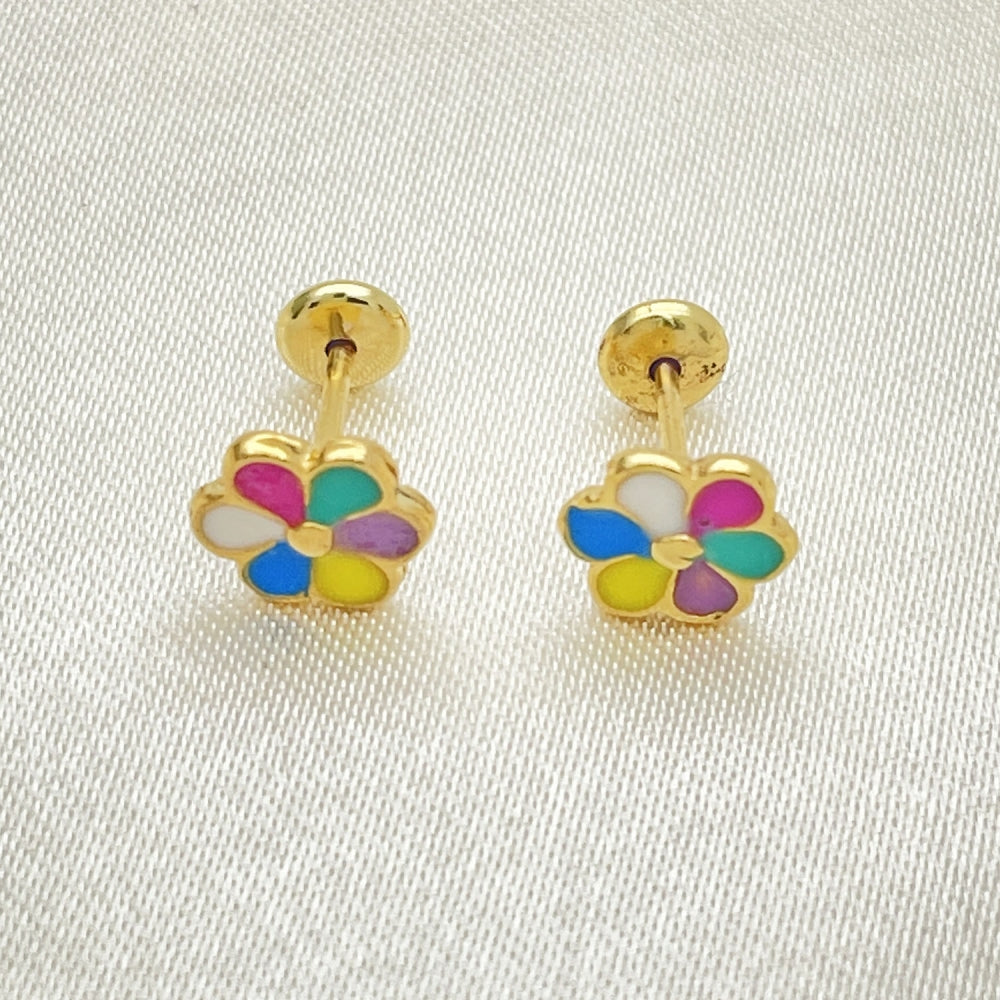 Oro Laminado Stud Earring, Gold Filled Style Flower Design, Multicolor Enamel Finish, Golden Finish