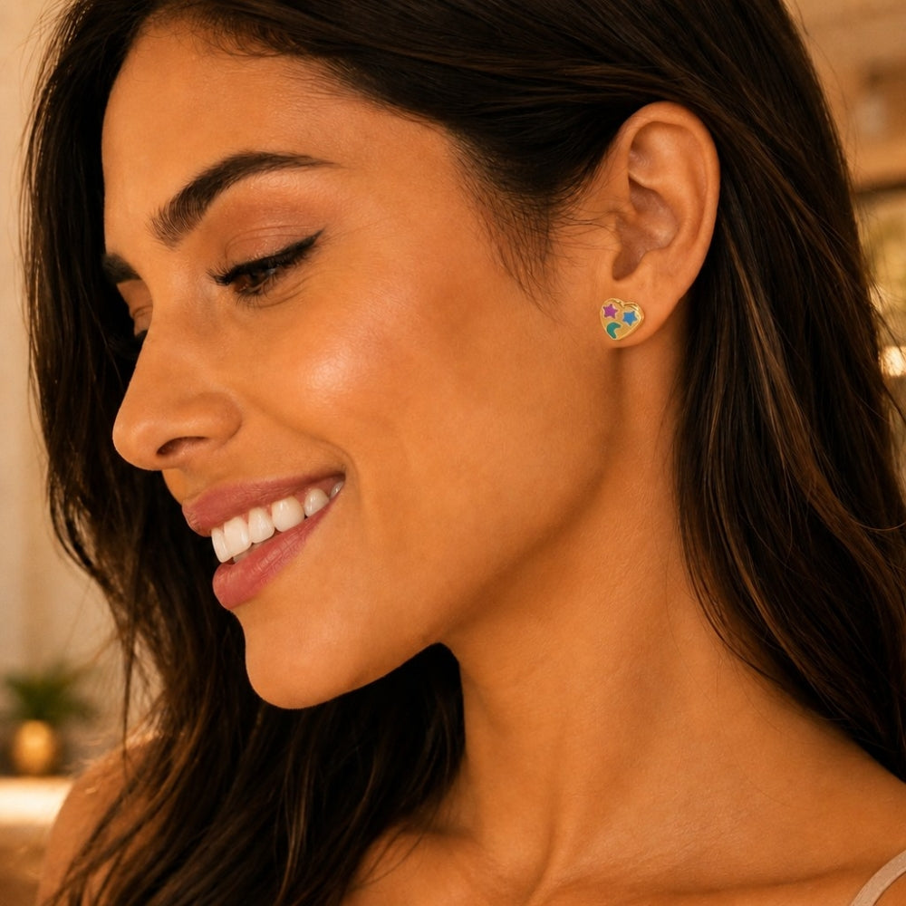 Oro Laminado Stud Earring, Gold Filled Style Heart Design, Multicolor Enamel Finish, Golden Finish