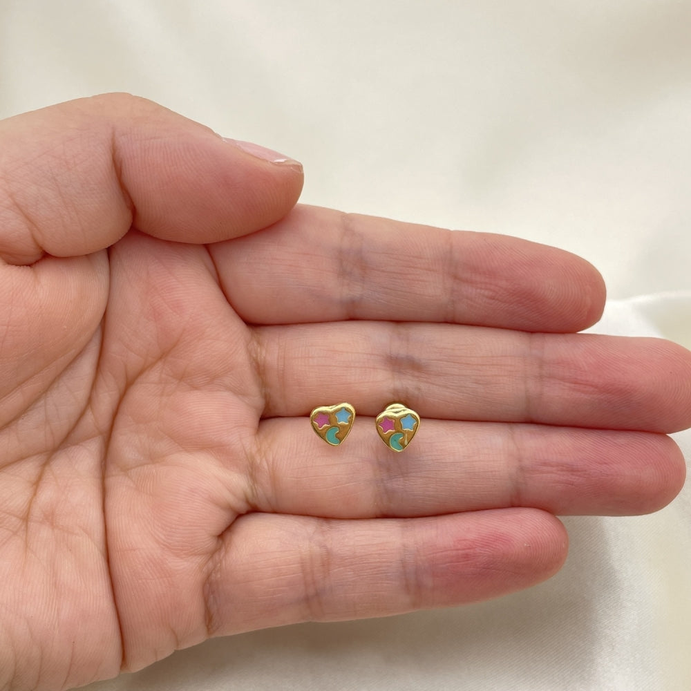Oro Laminado Stud Earring, Gold Filled Style Heart Design, Multicolor Enamel Finish, Golden Finish