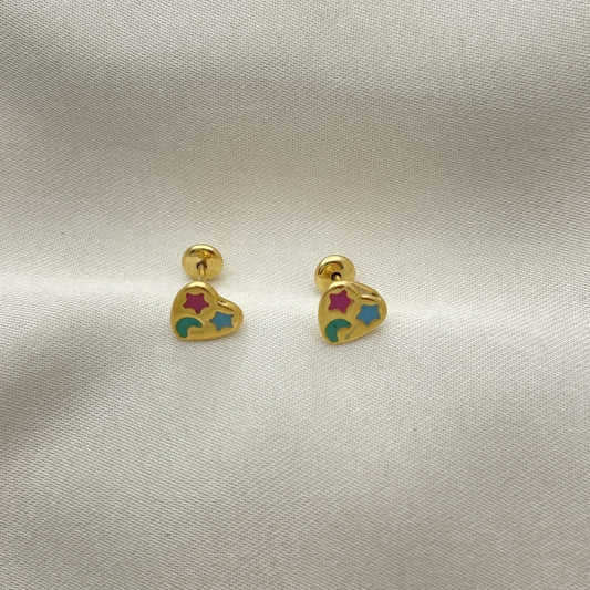 Oro Laminado Stud Earring, Gold Filled Style Heart Design, Multicolor Enamel Finish, Golden Finish