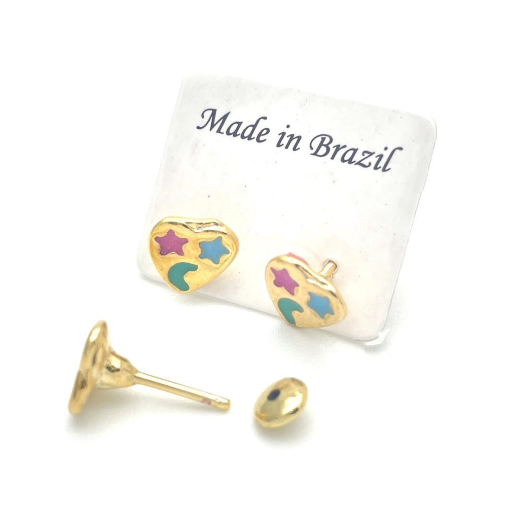 Oro Laminado Stud Earring, Gold Filled Style Heart Design, Multicolor Enamel Finish, Golden Finish