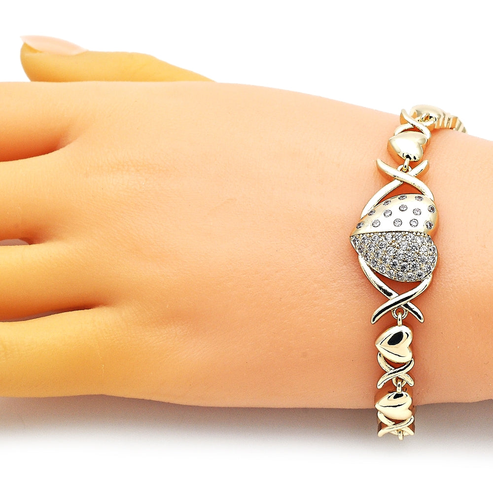 Oro Laminado Fancy Bracelet, Gold Filled Style Hugs and Kisses and Heart Design, with White Micro Pave and White Cubic Zirconia, Polished, Golden Finish