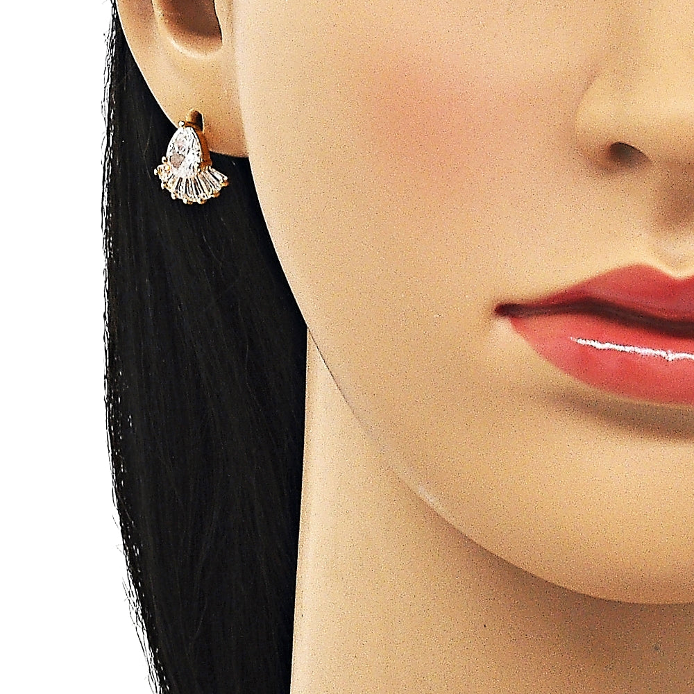 Oro Laminado Stud Earring, Gold Filled Style Teardrop and Baguette Design, with White Cubic Zirconia, Polished, Golden Finish
