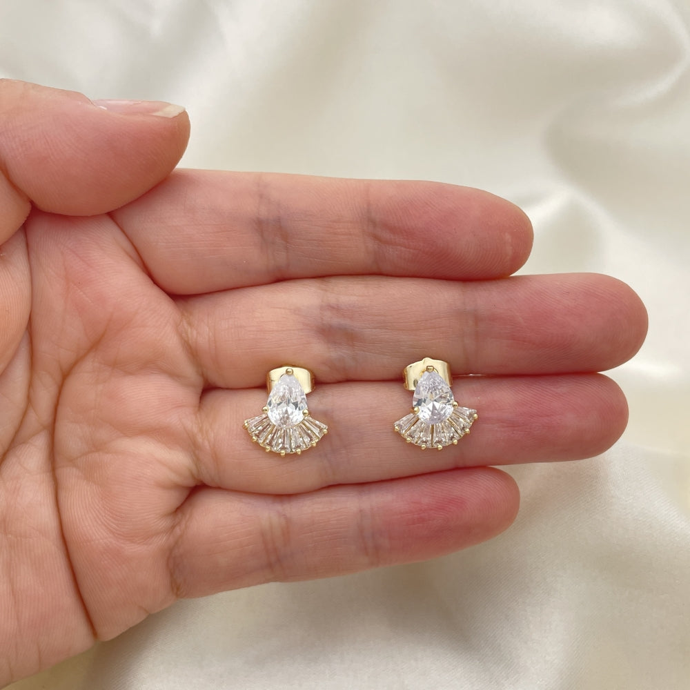 Oro Laminado Stud Earring, Gold Filled Style Teardrop and Baguette Design, with White Cubic Zirconia, Polished, Golden Finish