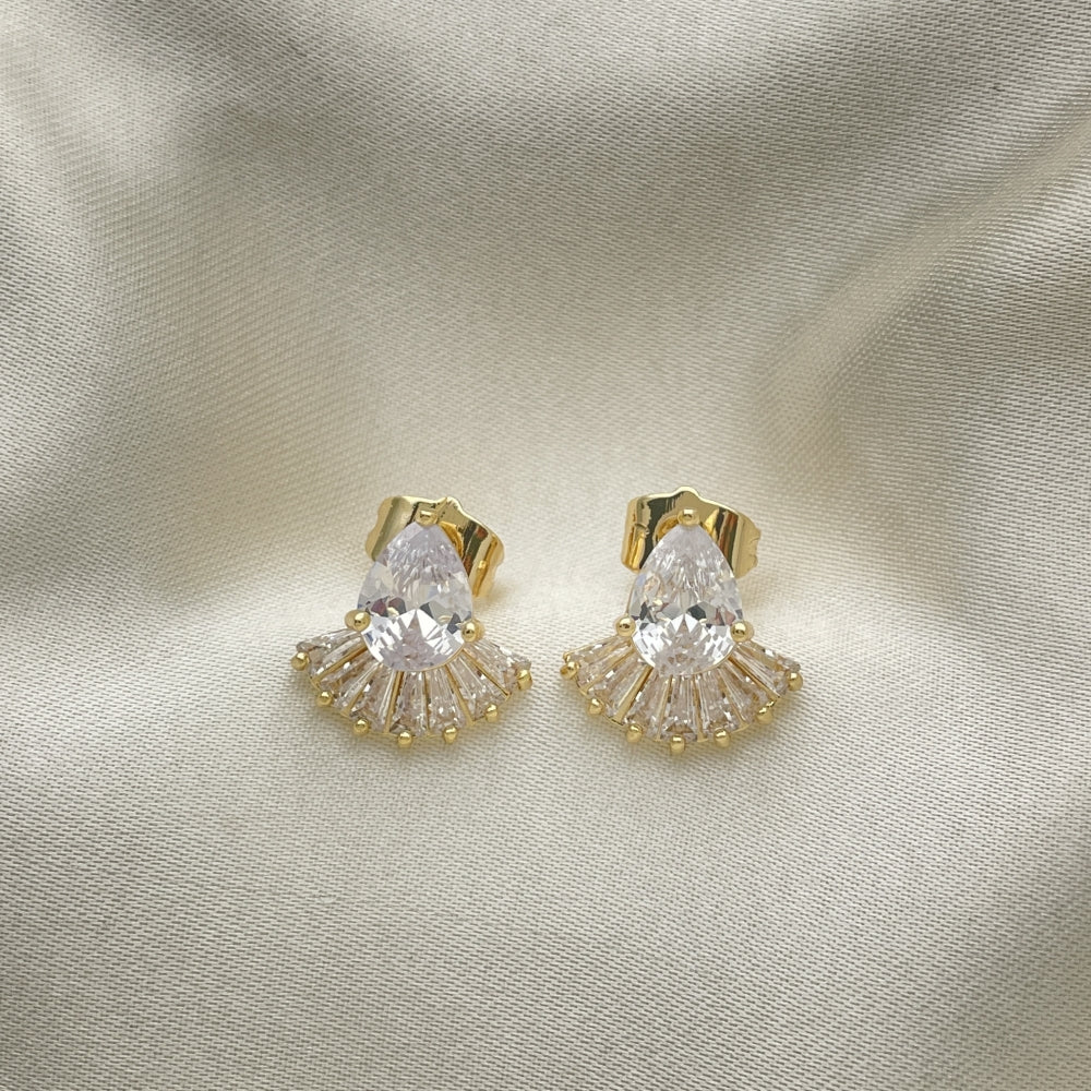 Oro Laminado Stud Earring, Gold Filled Style Teardrop and Baguette Design, with White Cubic Zirconia, Polished, Golden Finish