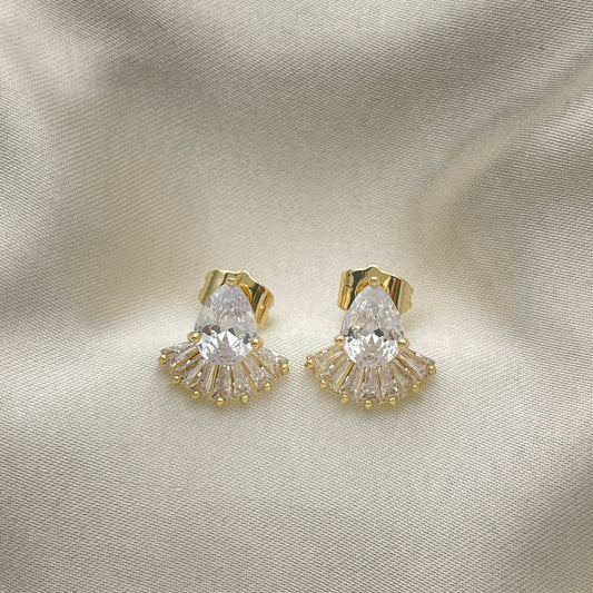 Oro Laminado Stud Earring, Gold Filled Style Teardrop and Baguette Design, with White Cubic Zirconia, Polished, Golden Finish