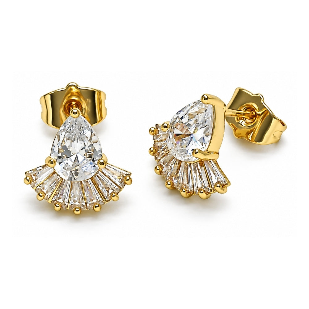 Oro Laminado Stud Earring, Gold Filled Style Teardrop and Baguette Design, with White Cubic Zirconia, Polished, Golden Finish