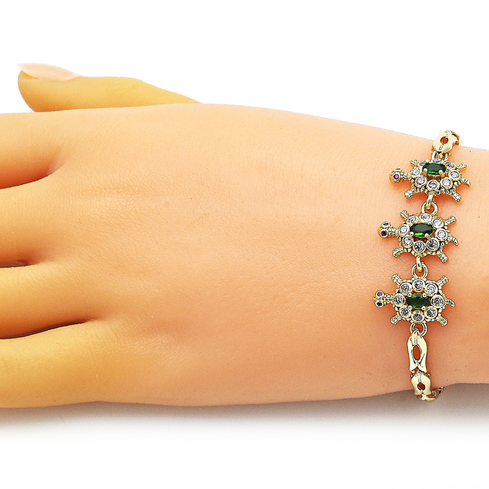 Oro Laminado Fancy Bracelet, Gold Filled Style Turtle and Fish Design, with Green and White Cubic Zirconia, Polished, Golden Finish
