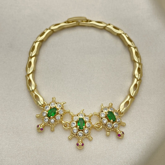 Oro Laminado Fancy Bracelet, Gold Filled Style Turtle and Fish Design, with Green and White Cubic Zirconia, Polished, Golden Finish
