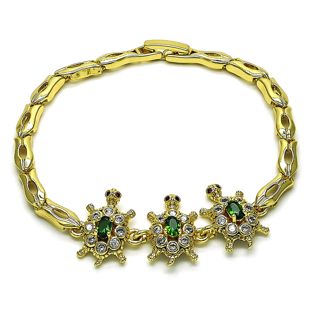 Oro Laminado Fancy Bracelet, Gold Filled Style Turtle and Fish Design, with Green and White Cubic Zirconia, Polished, Golden Finish