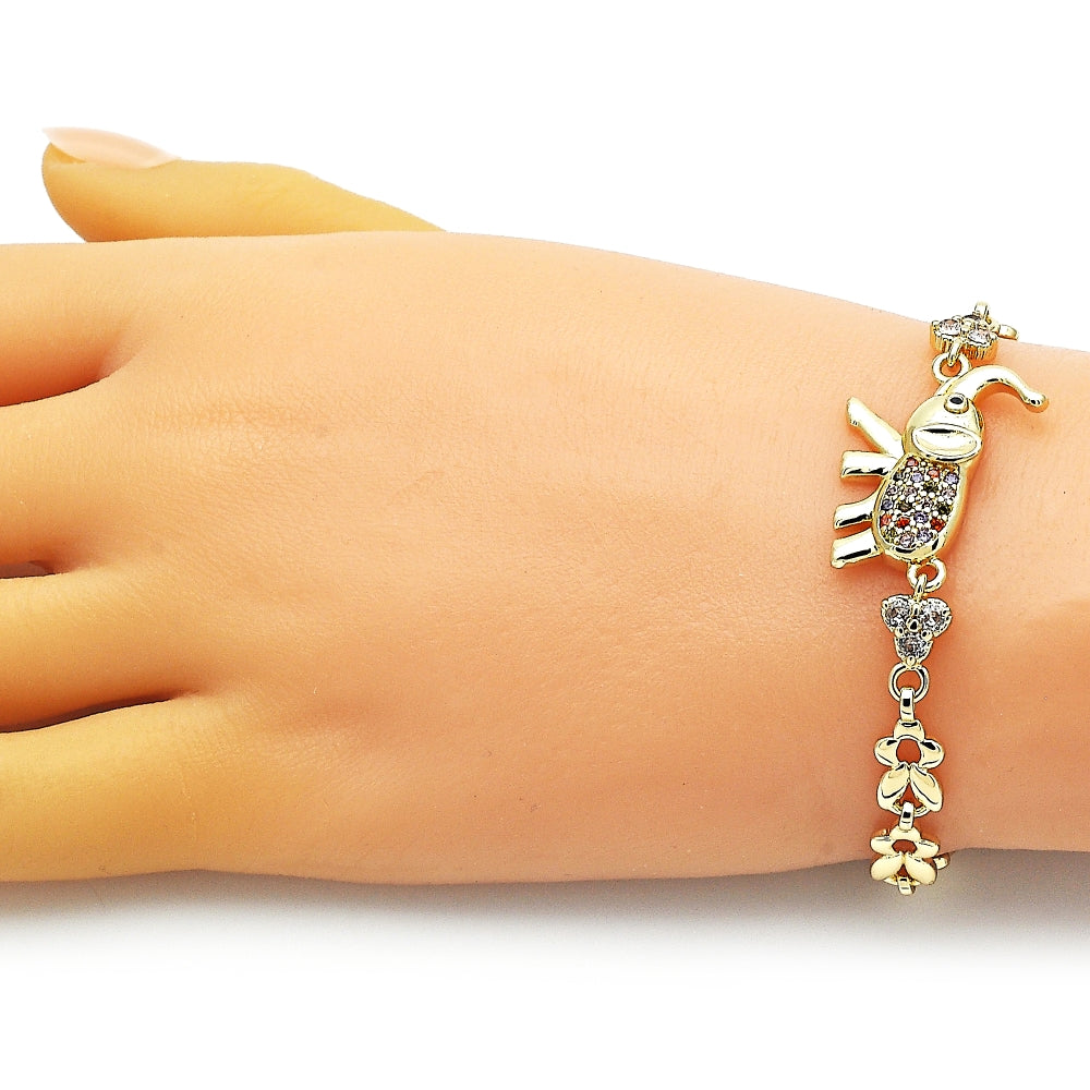 Oro Laminado Fancy Bracelet, Gold Filled Style Elephant and Leaf Design, with Multicolor Micro Pave and White Cubic Zirconia, Polished, Golden Finish
