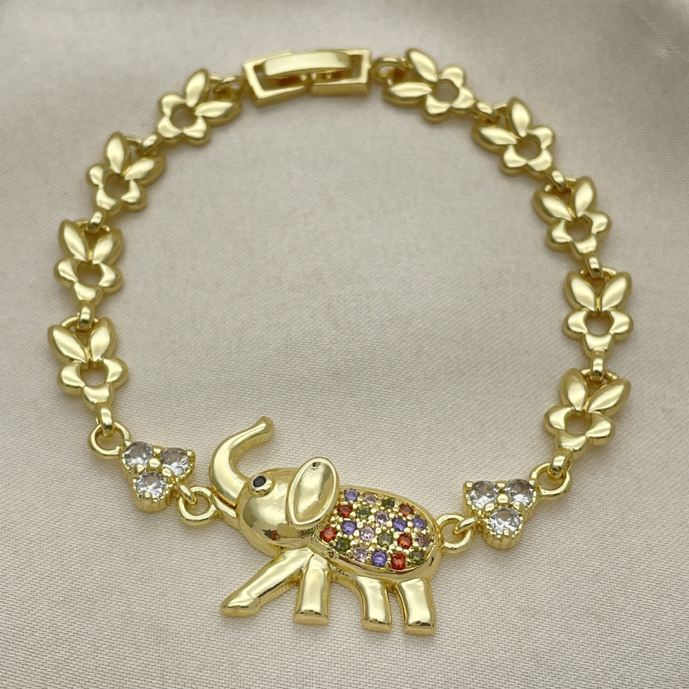 Oro Laminado Fancy Bracelet, Gold Filled Style Elephant and Leaf Design, with Multicolor Micro Pave and White Cubic Zirconia, Polished, Golden Finish