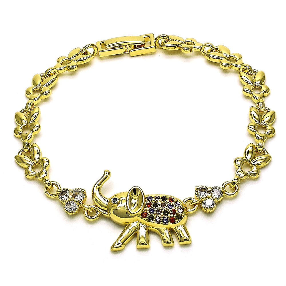Oro Laminado Fancy Bracelet, Gold Filled Style Elephant and Leaf Design, with Multicolor Micro Pave and White Cubic Zirconia, Polished, Golden Finish