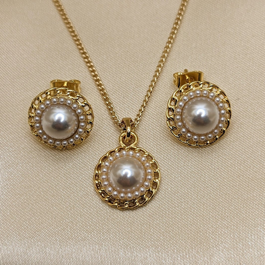 Oro Laminado Earring and Pendant Adult Set, Gold Filled Style Flower Design, with Ivory Pearl, Polished, Golden Finish