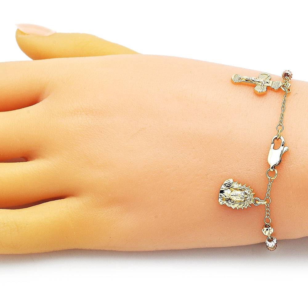 Oro Laminado Charm Bracelet, Gold Filled Style Jesus and Crucifix Design, Diamond Cutting Finish, Tricolor