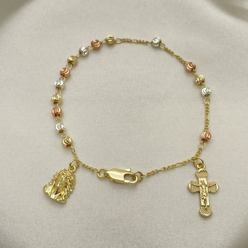 Oro Laminado Charm Bracelet, Gold Filled Style Jesus and Crucifix Design, Diamond Cutting Finish, Tricolor