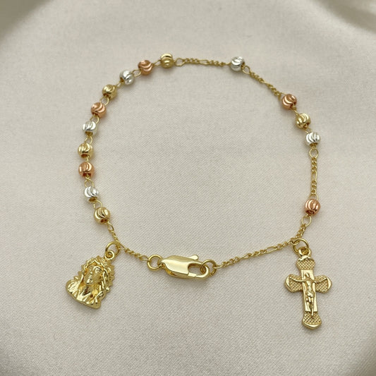 Oro Laminado Charm Bracelet, Gold Filled Style Jesus and Crucifix Design, Diamond Cutting Finish, Tricolor