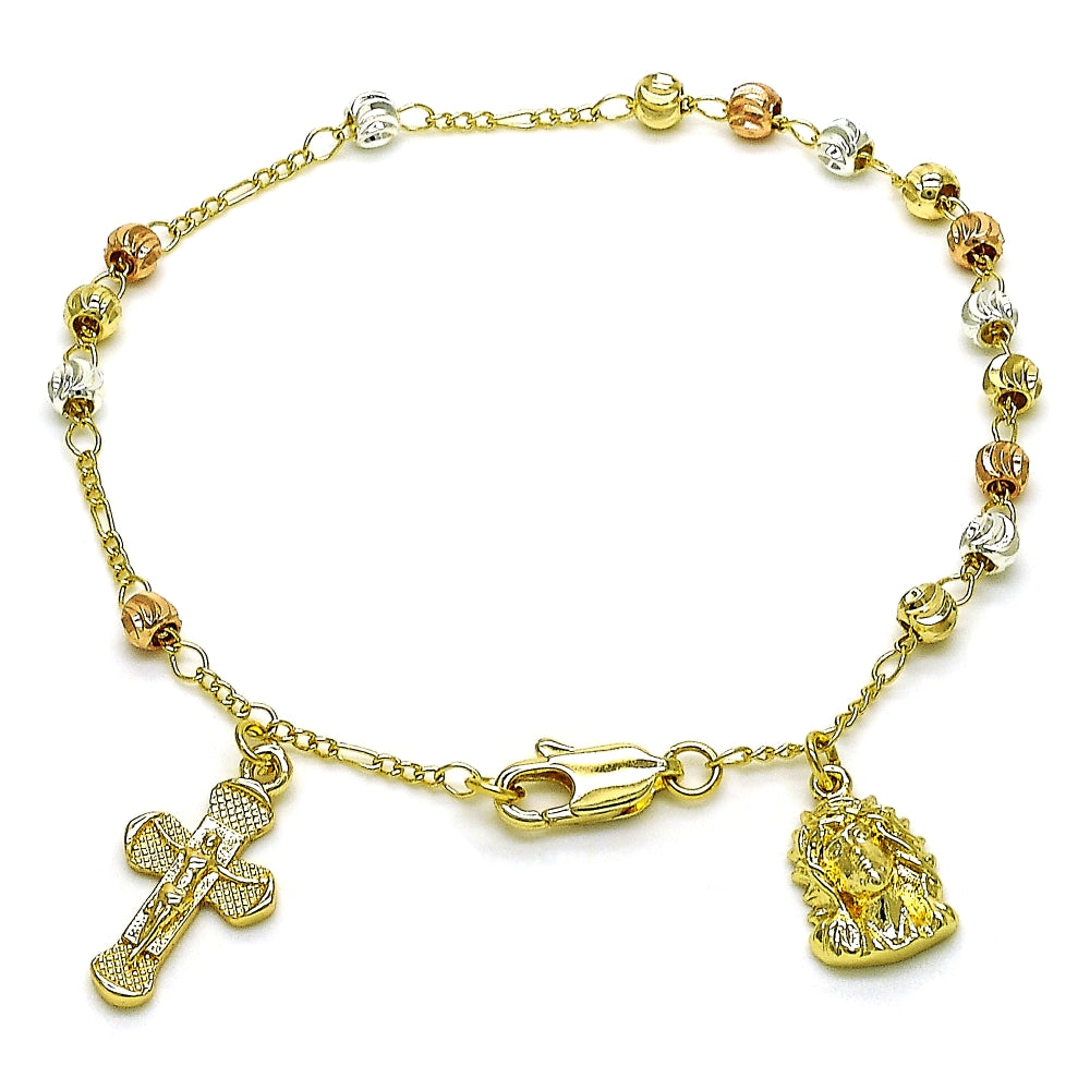Oro Laminado Charm Bracelet, Gold Filled Style Jesus and Crucifix Design, Diamond Cutting Finish, Tricolor
