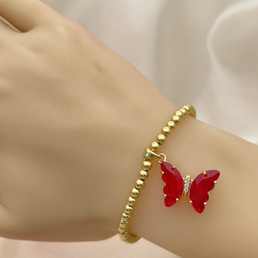 Oro Laminado Fancy Bracelet, Gold Filled Style Expandable Bead and Butterfly Design, with Light Siam Crystal and White Micro Pave, Polished, Golden Finish
