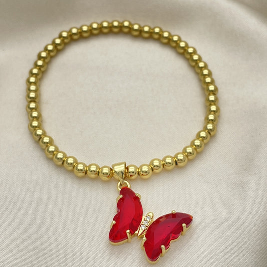 Oro Laminado Fancy Bracelet, Gold Filled Style Expandable Bead and Butterfly Design, with Light Siam Crystal and White Micro Pave, Polished, Golden Finish
