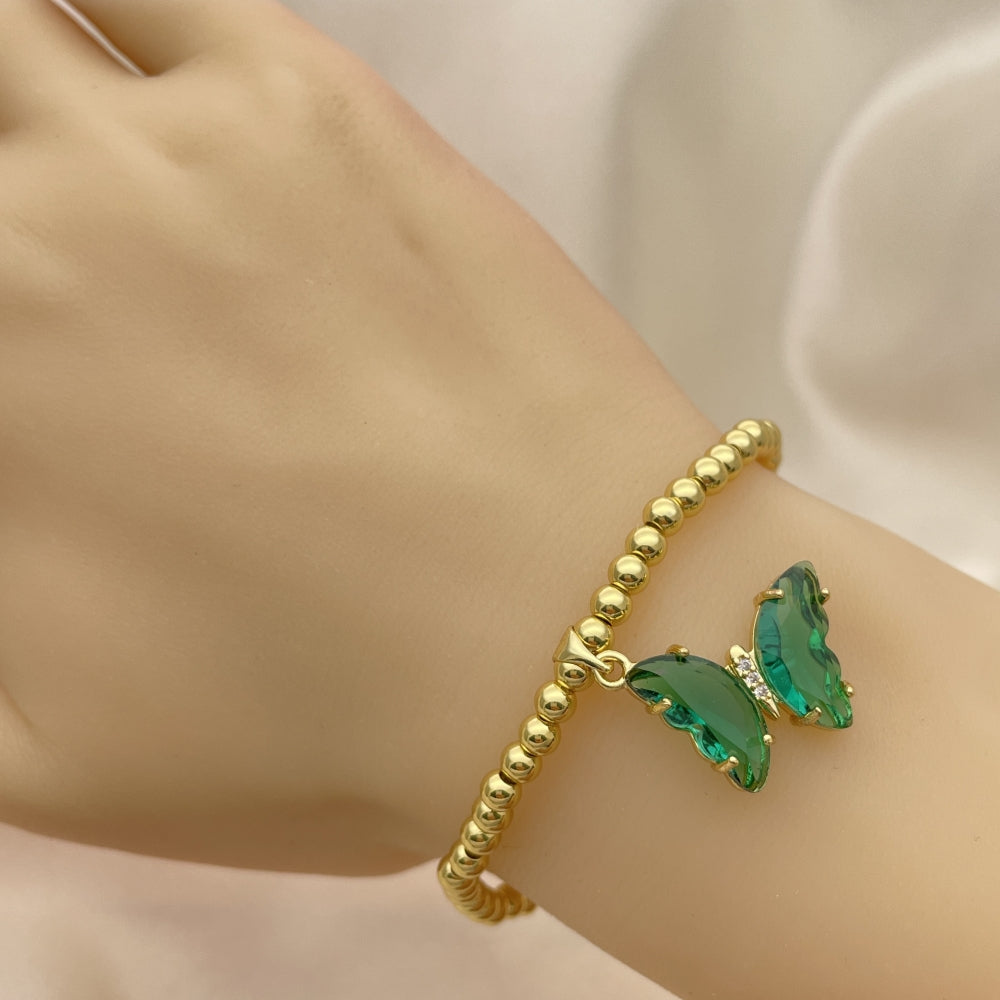 Oro Laminado Fancy Bracelet, Gold Filled Style Expandable Bead and Butterfly Design, with Emerald Crystal and White Micro Pave, Polished, Golden Finish