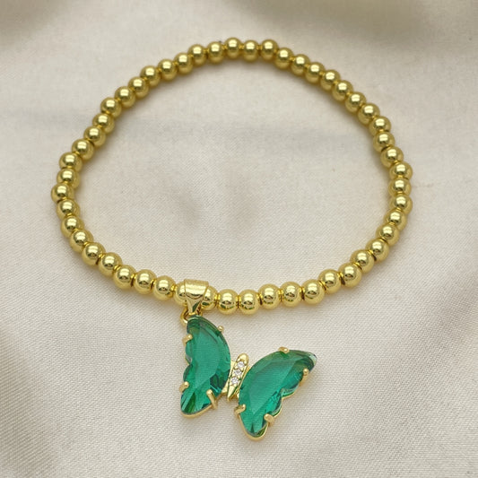 Oro Laminado Fancy Bracelet, Gold Filled Style Expandable Bead and Butterfly Design, with Emerald Crystal and White Micro Pave, Polished, Golden Finish
