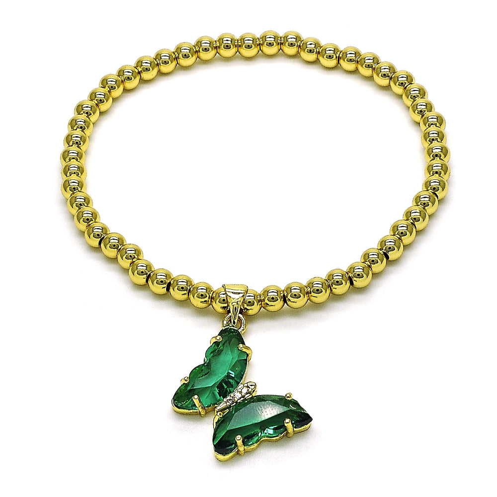 Oro Laminado Fancy Bracelet, Gold Filled Style Expandable Bead and Butterfly Design, with Emerald Crystal and White Micro Pave, Polished, Golden Finish