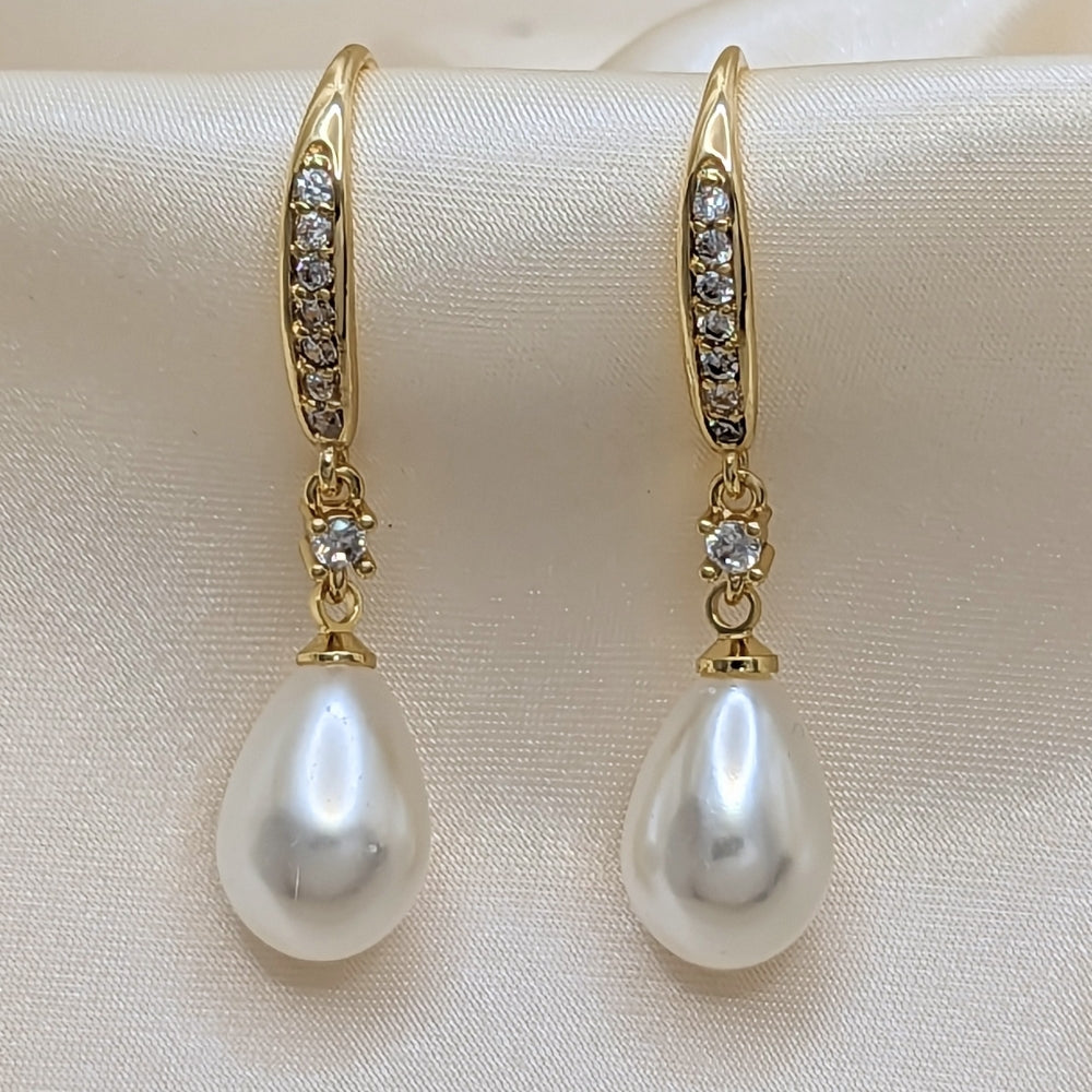 Oro Laminado Long Earring, Gold Filled Style Teardrop Design, with Ivory Pearl and White Cubic Zirconia, Polished, Golden Finish