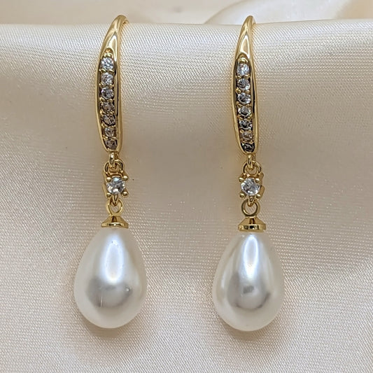Oro Laminado Long Earring, Gold Filled Style Teardrop Design, with Ivory Pearl and White Cubic Zirconia, Polished, Golden Finish