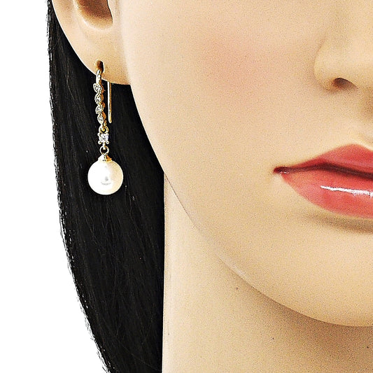 Oro Laminado Long Earring, Gold Filled Style Ball Design, with Ivory Pearl and White Micro Pave, Polished, Golden Finish
