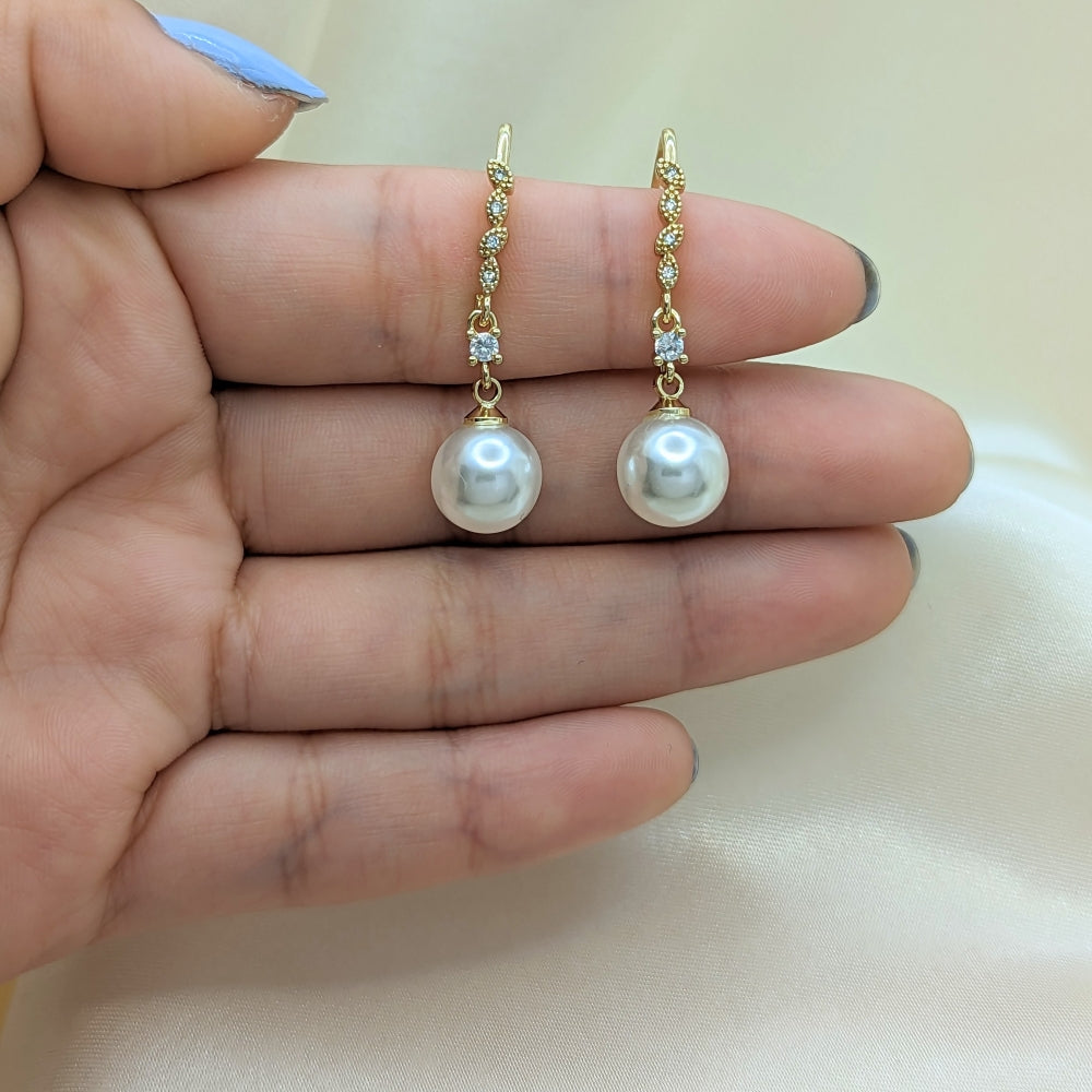 Oro Laminado Long Earring, Gold Filled Style Ball Design, with Ivory Pearl and White Micro Pave, Polished, Golden Finish